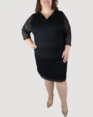 UK 24 Anna Scholz sheego black lace dress sheer sleeves, lined - Image 1 of 4