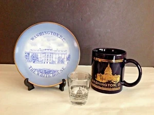 Lot 3 Vtg WASHINGTON DC Souvenirs U.S.Capitol Mug White House Plate & Shot-glass - Picture 1 of 9