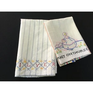 Pair of Vintage Hand Embroidery Kitchen Towels Thursday and Silver - Picture 1 of 4