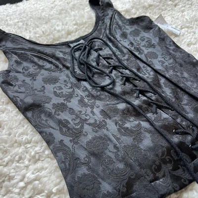 NEW Vtg Fredricks of Hollywood Black Floral Jacquard Lace Up Corset Top M Goth - Image 1 of 4