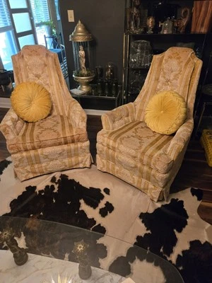 Vintage McAfee Highback Hollywood Regency Style Yellow Velvet Chairs - Image 1 of 4