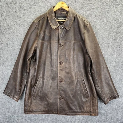 Vintage Eddie Bauer Leather Jacket Mens XL Brown Button Front Car Coat Pockets - Image 1 of 4