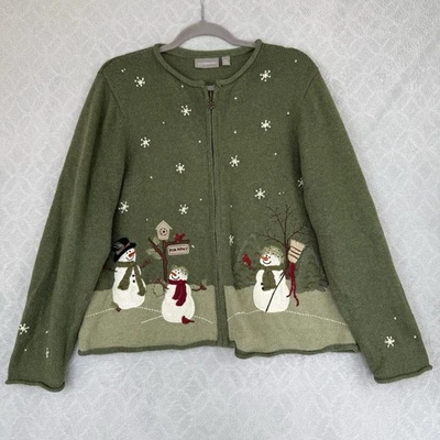 Croft & Barrow Holiday Sweater L Petite Green Christmas Embroidered Knit Snowman - Image 1 of 4