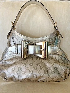 VTG GUCCI QUEEN HOBO Platinum Gold Logo Guccissima Leather, metal Bow, 15x10 - Picture 1 of 14