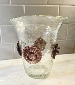 Clear Crackle Vase w/ Applied Purple Amethyst Glass Flower Medallion Prunts MCM - Picture 1 of 17