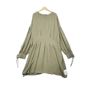 ASOS Linen Peasant Dress Plus Sz 24 Vacation Prairie Olive Tie Cuffs Lagenlook - Picture 1 of 8