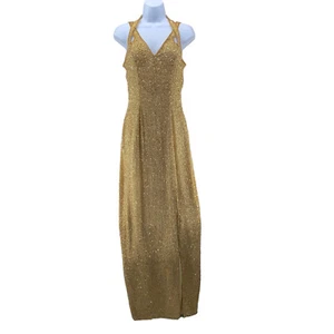 Mike Benet Vintage Bespoke Dress Size 8 Gold Silk Beads Sequins 1970s Sheath - Picture 1 of 19