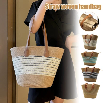 Handwoven Handbag Large Capacity Weave Woven Bag Tote Bag Shoulder Beach Bag. - Image 1 of 4