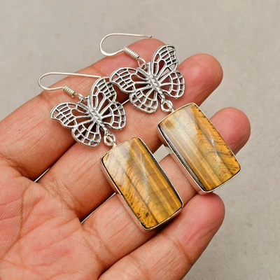 Tiger's Eye Gemstone Handmade 925 Sterling Silver Jewelry Earrings 2.44" - Image 1 of 4