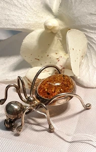 925 Silber Brosche AMEISE mit Bernstein Besatz Handarbeit Polen um 1960 - Bild 1 von 7