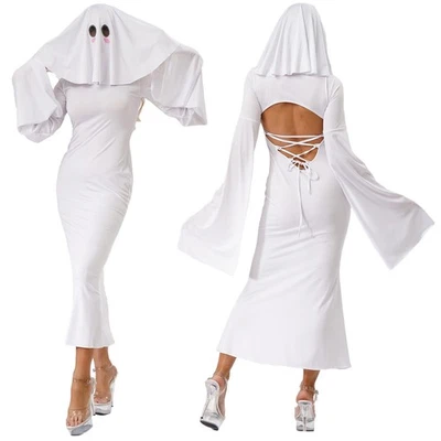 Womens White Ghost Spooky Poncho Cosplay Lace-up Dress Halloween Ghost Costume  - Image 1 of 2