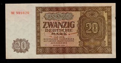 GERMANY DEMOCRATIC REPUBLIC  20 DEUTSCHE MARK 1948 BE PICK # 13a XF. - Image 1 of 2