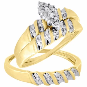 10K Yellow Gold Diamond Engagement Ring Wedding Band Trio Bridal Set .10 Ct. - Picture 1 of 9