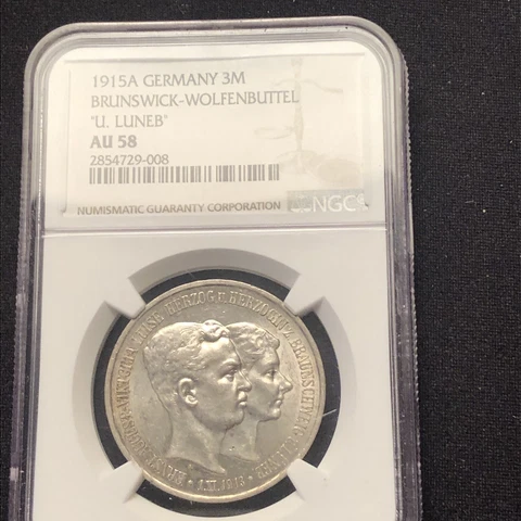 1915A germany  3 mark Brunswick wolfenbuttel “u.luneb” Ngc Au58 Cover