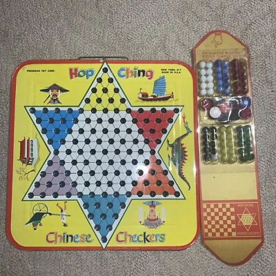 Vintage Hop Ching Chinese Checkers Pressman Toy Co Tin Litho 14" Square Complete - Image 1 of 4