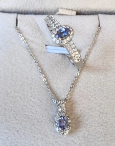 Tanzanite / White Zircon Halo Ring & 20 In Pendant in Platinum Sterling Size 8 - Picture 1 of 9
