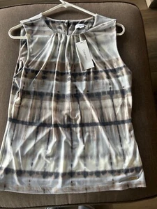 CALVIN KLEIN WOMENS ABSTRACT PRINT PLEAT NECK SLEEVELESS TOP SZ MED NWT $39.00 - Picture 1 of 5