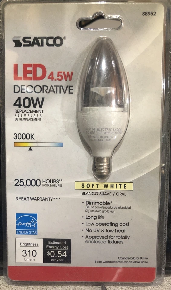 Satco 4.5W (40W) Soft White Candelabra Base LED Decorative Light Bulb S8952 - Image 1 of 1