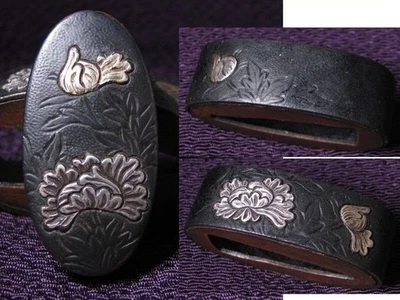 Fuchi Kashira Peony Flower Katakiri Carving Japanese Sword Fitting Edo Antique - Image 1 of 4