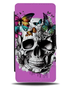 Skeleton Head & Butterflys Flip Wallet Case Skull Flying Round Butterflies BA86 - Picture 1 of 3