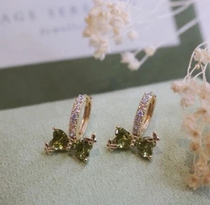 14ct Gold Real 925 Sterling Silver Bow Tie Peridot Green Zircon Earrings with CZ - Picture 1 of 5