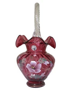 Fenton Basket Legacy Collection Cranberry Hand Painted Poppy Signed Bill Fenton - Picture 1 of 9