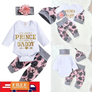 3PCS Infant Baby Girl Newborn Floral Cotton Outfits Romper Tops Pant Hat Clothes - Picture 1 of 9
