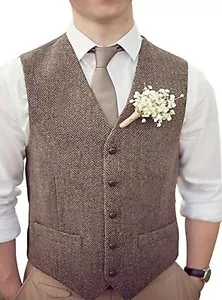 Men Wool Blend Herringbone Tweed Waistcoat Slim Fit Formal Suit Vest - Picture 1 of 3
