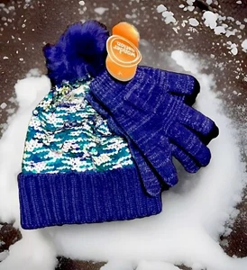 Wonder Nation Girl Sequin Blue Winter Stylish Hat and Gloves Set, 2-Piece - Picture 1 of 6