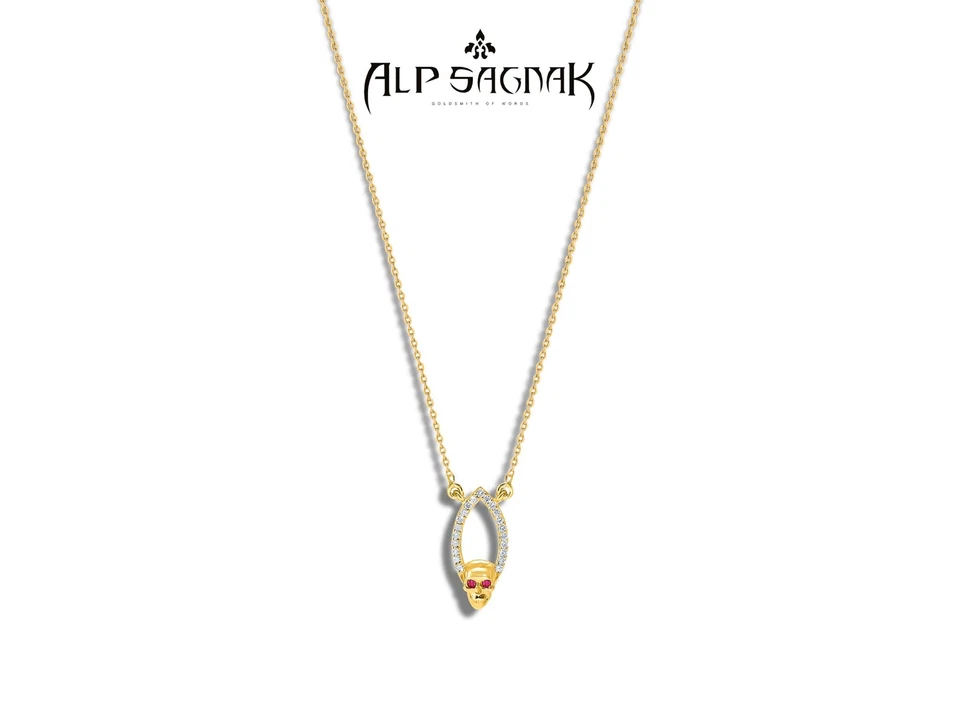Alp Sagnak Necklace 14 K Yellow Gold Skull Pendant Diamonds Rubies - Image 1 of 4