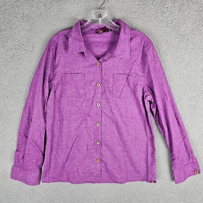 Prana Sutra Long Sleeve Button Up Shirt Womens Size L Purple Hemp Blend Roll Tab - Image 1 of 4