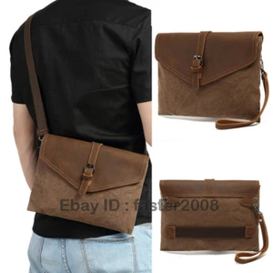 Vintage Herrenhandtasche Leder Clutch Umschlagtasche Canvas Schultertasche Kuriertasche - Bild 1 von 12