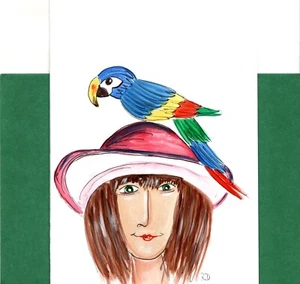 Blue & Gold Macaw On Red Hat Girl Blank Inside Hand Painted Greeting Card - Picture 1 of 2