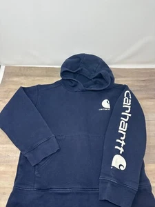 Carhartt Boys Hooded Sweatshirt Blue Pullover Logo Long Sleeve Size S (8-10) - Picture 1 of 7