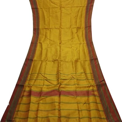 Vintage Orange 100%Pure Silk Handloom Checks Sari Remnant 6YD Craft Fabric Scrap - Image 1 of 4