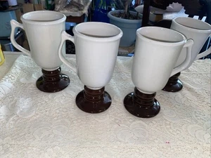 4 Hall Pottery Vintage Brown Cream Pedestal Irish Coffee Coco Mug Footed Cup USA - Picture 1 of 8