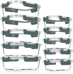 Paquete de 10 recipientes de vidrio para preparación de comidas, recipientes de almuerzo de vidrio herméticos, apilables - Imagen 1 de 7