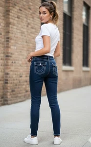 True Religion Jenni Curvy Mid Rise Skinny Thick Stitch Jeans Women Size 30 - Picture 1 of 13