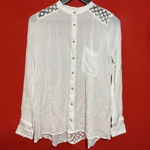 Free People Women's White Gauze Blouse XS Long Sleeve Crochet Accents - Picture 1 of 8
