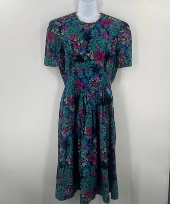 复古 Miss Donby 12P 花卉迷笛连衣裙 80 年代 90 年代蓝绿色粉色缩褶腰围 — 第 1/4 张图片