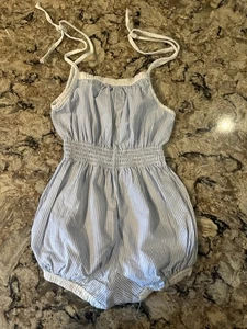 Vintage Seersucker Bubble Romper Baby Girls 24M 2T Blue White Striped - Picture 1 of 6