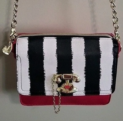 Betsey Johnson Crossbody Purse Bag Black&White Stripe Fuchsia Pink Call Me Phone - Image 1 of 4