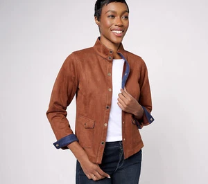 Isaac Mizrahi Live! Chaqueta de gamuza sintética con bolsillos de parche coñac 4 nueva - Imagen 1 de 1