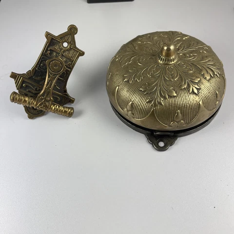 Antique Victorian Eastlake Design Bronze Mechanical Doorbell & Lever Pull Cover