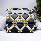 Elegant Studded Black and White Diamond Quilted Leather Top Handle Shoulderbag
