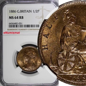 Great Britain Victoria (1837-1901) Bronze 1886 1/2 Penny NGC MS64 RB KM# 754 (1) - Picture 1 of 4