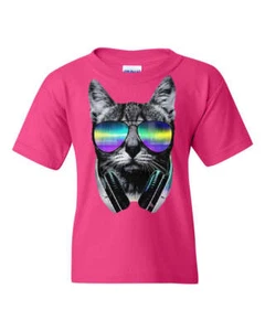 Funny DJ Cat Youth T-Shirt Music Kitten Headphones and Glasses Tee - Picture 1 of 8