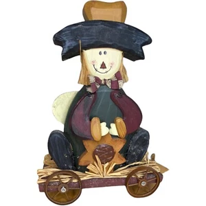 Wagon Cart Scarecrow Tug Along Wheels Halloween Fall Wood Thanksgiving Holiday - Picture 1 of 8
