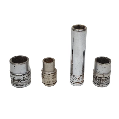 Lot of 4× Vintage SK 1/4" Drive Sockets USA, 6 Point - 7/16", 9/32", 8mm, 3/8" - Image 1 of 4