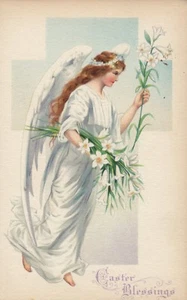 White Winged Angel Holding White Flowers Easter Blessings Postcard - Picture 1 of 2